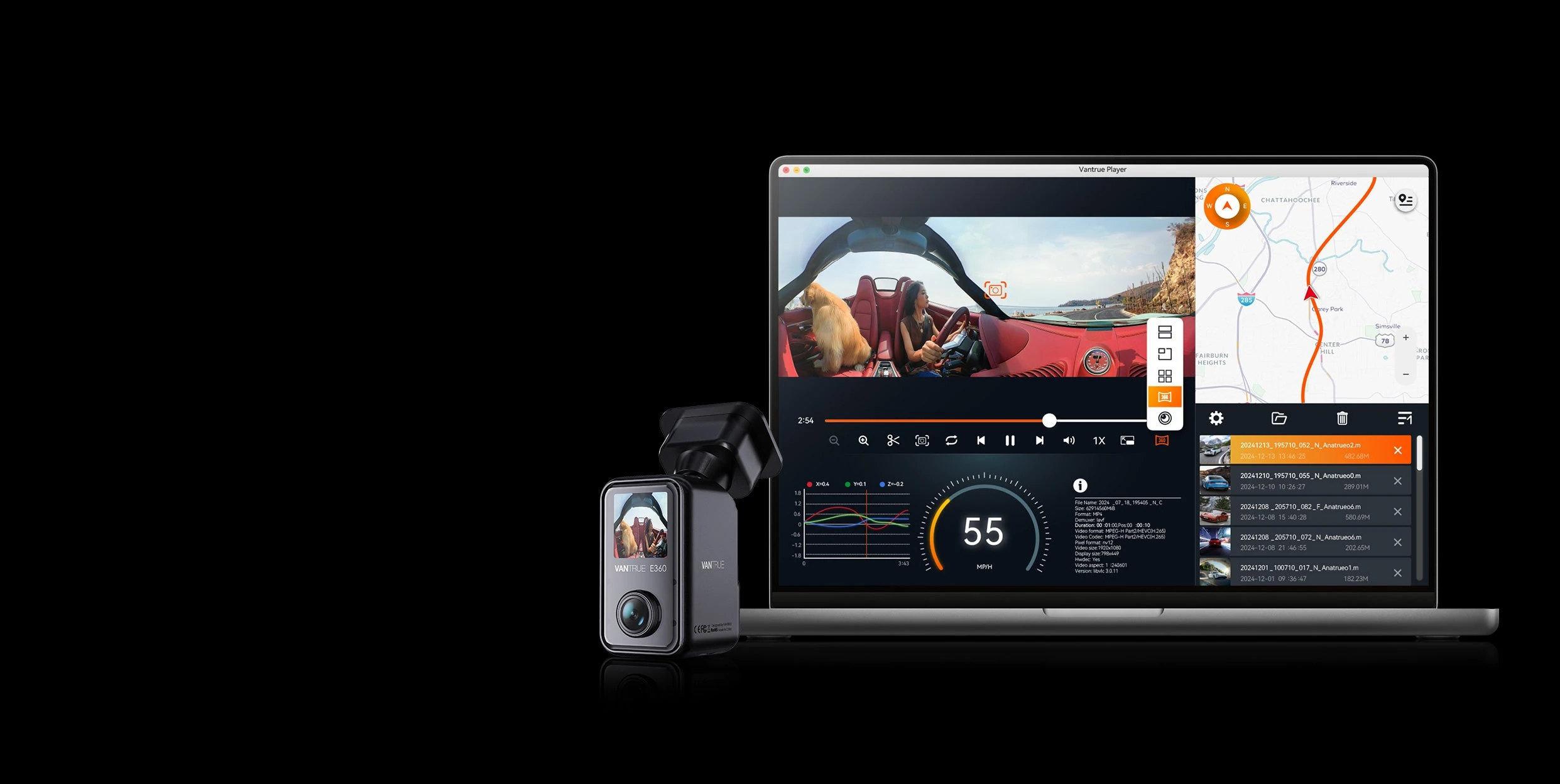 Vantrue E360 GPS route, speed and location logging