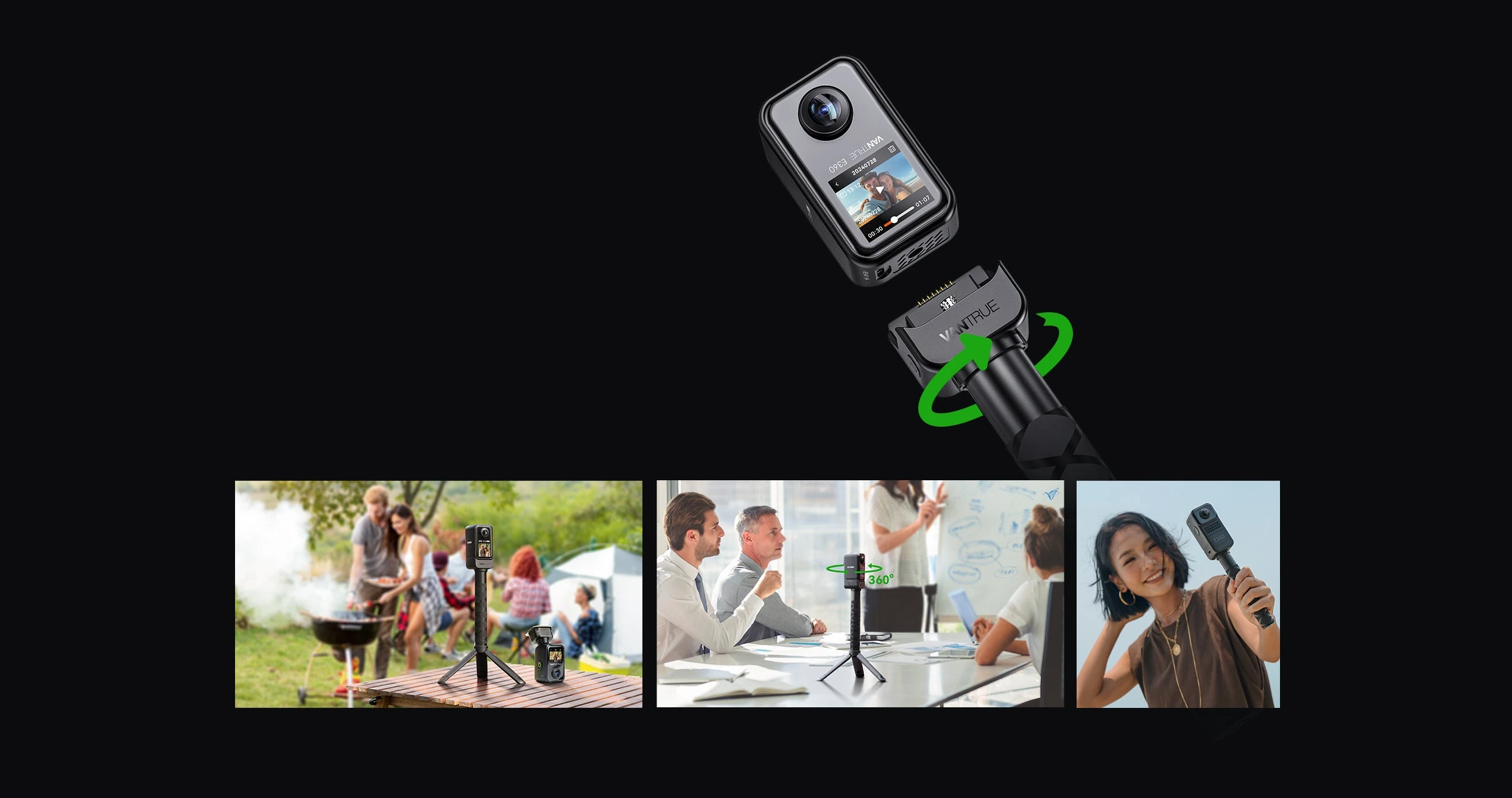 Vantrue E360 detachable handheld grip and tripod use