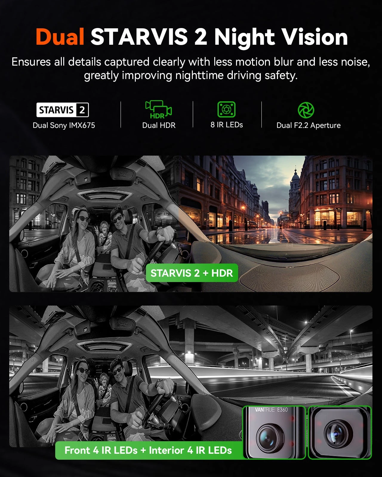 Vantrue E360 infrared night vision with eight LEDs