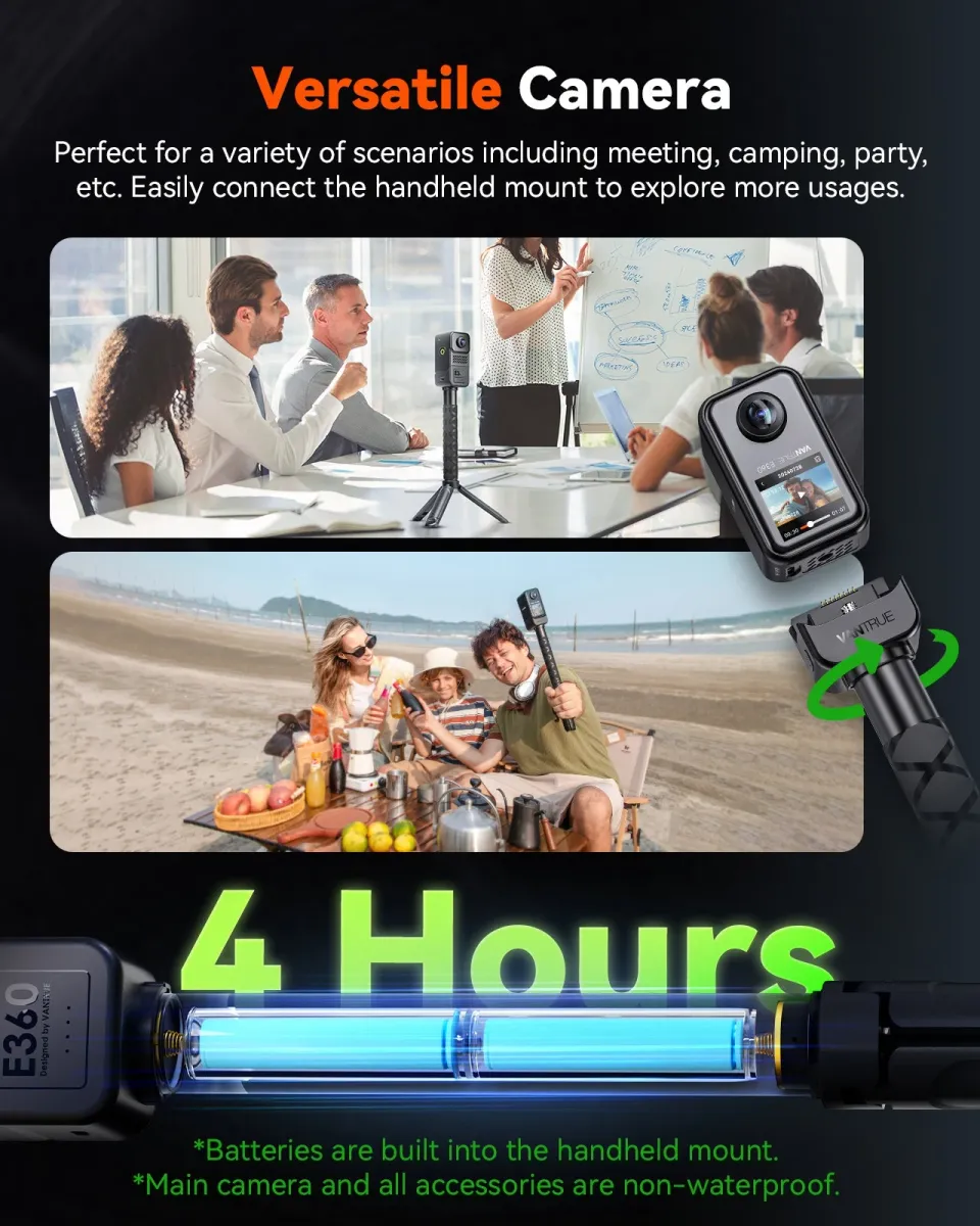 Vantrue E360 handheld 360-degree action camera illustration