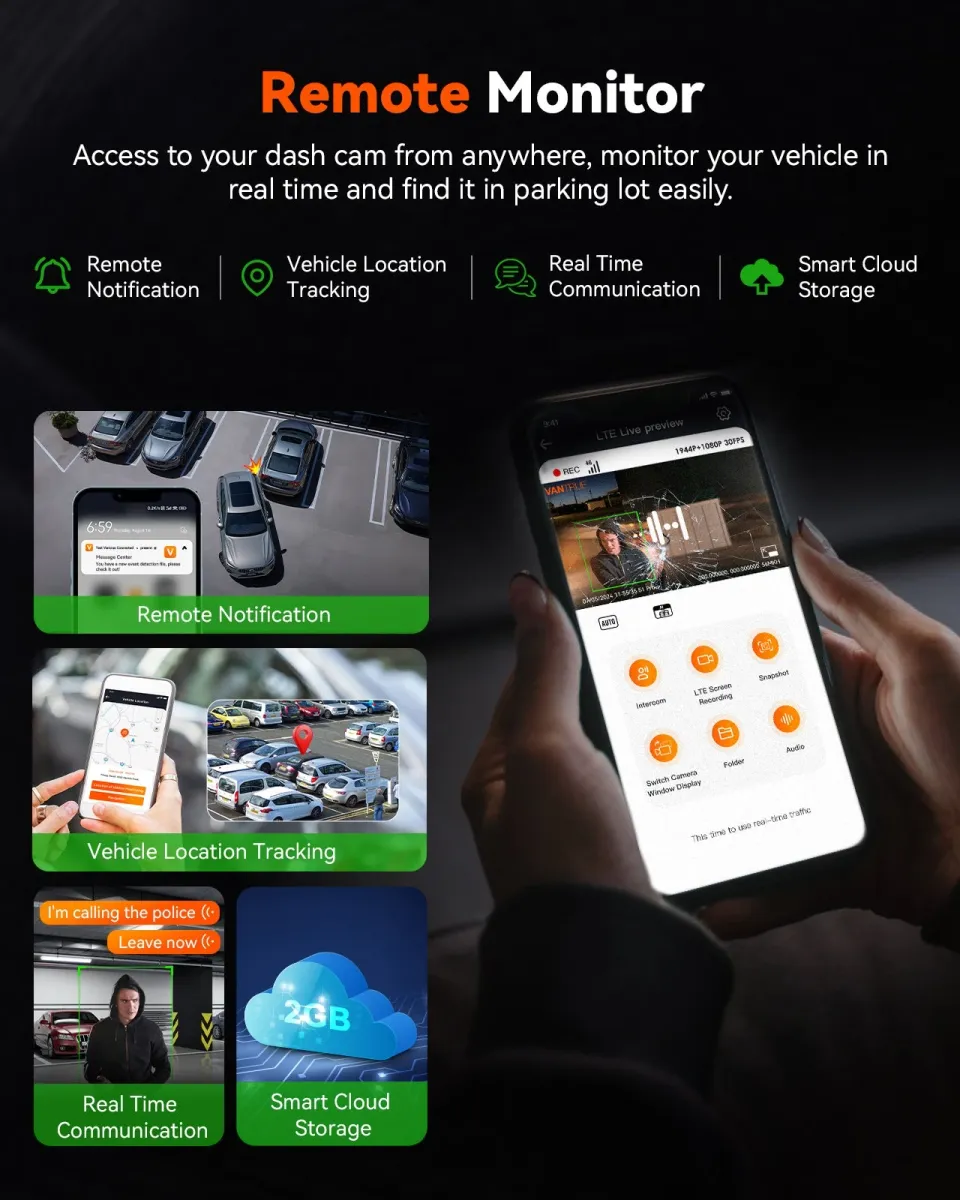 Vantrue optional LTE remote viewing, notification and cloud features