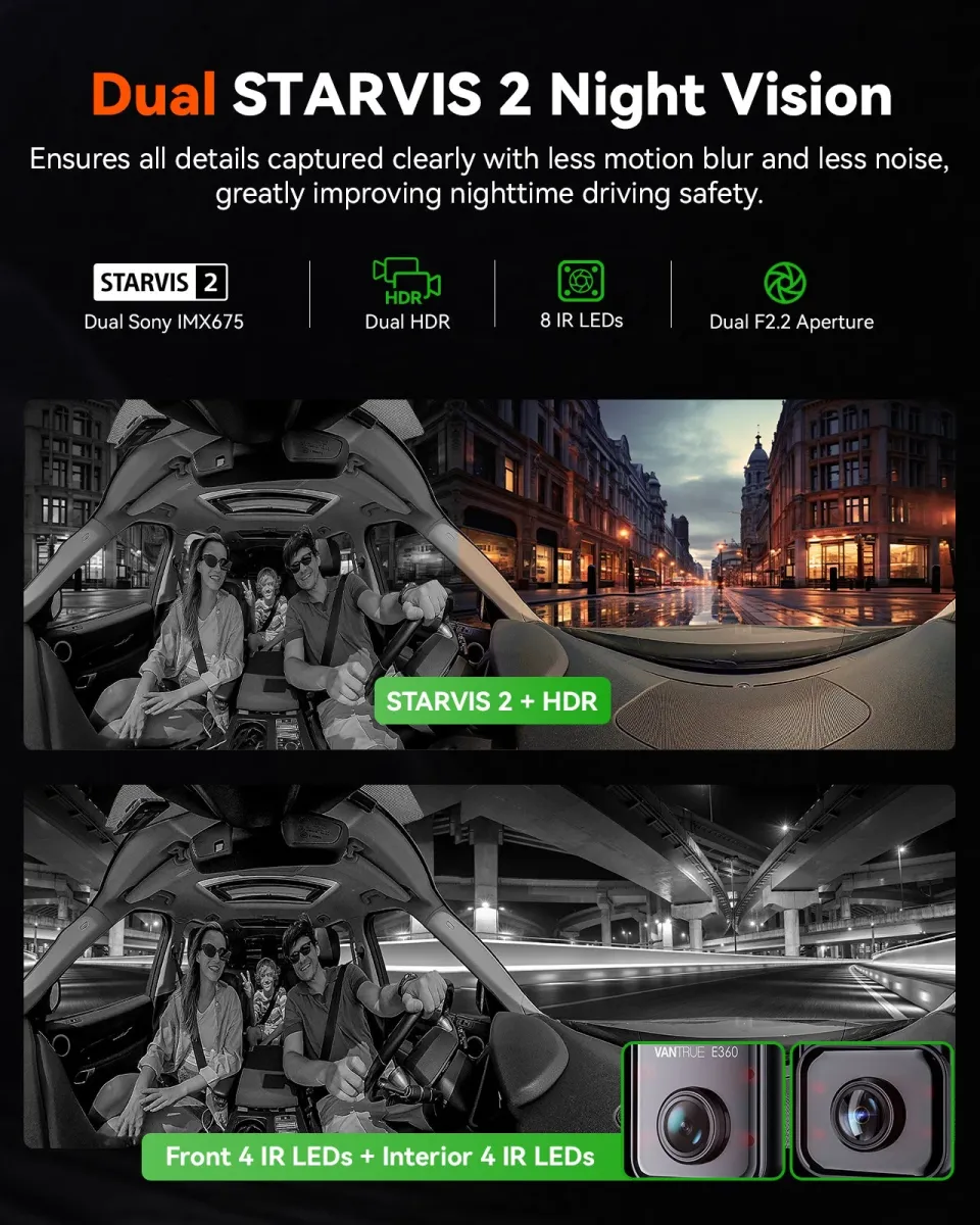Vantrue E360 infrared night vision with eight LEDs