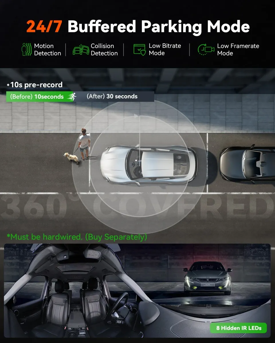 Vantrue E360 buffered parking recording and protection modes