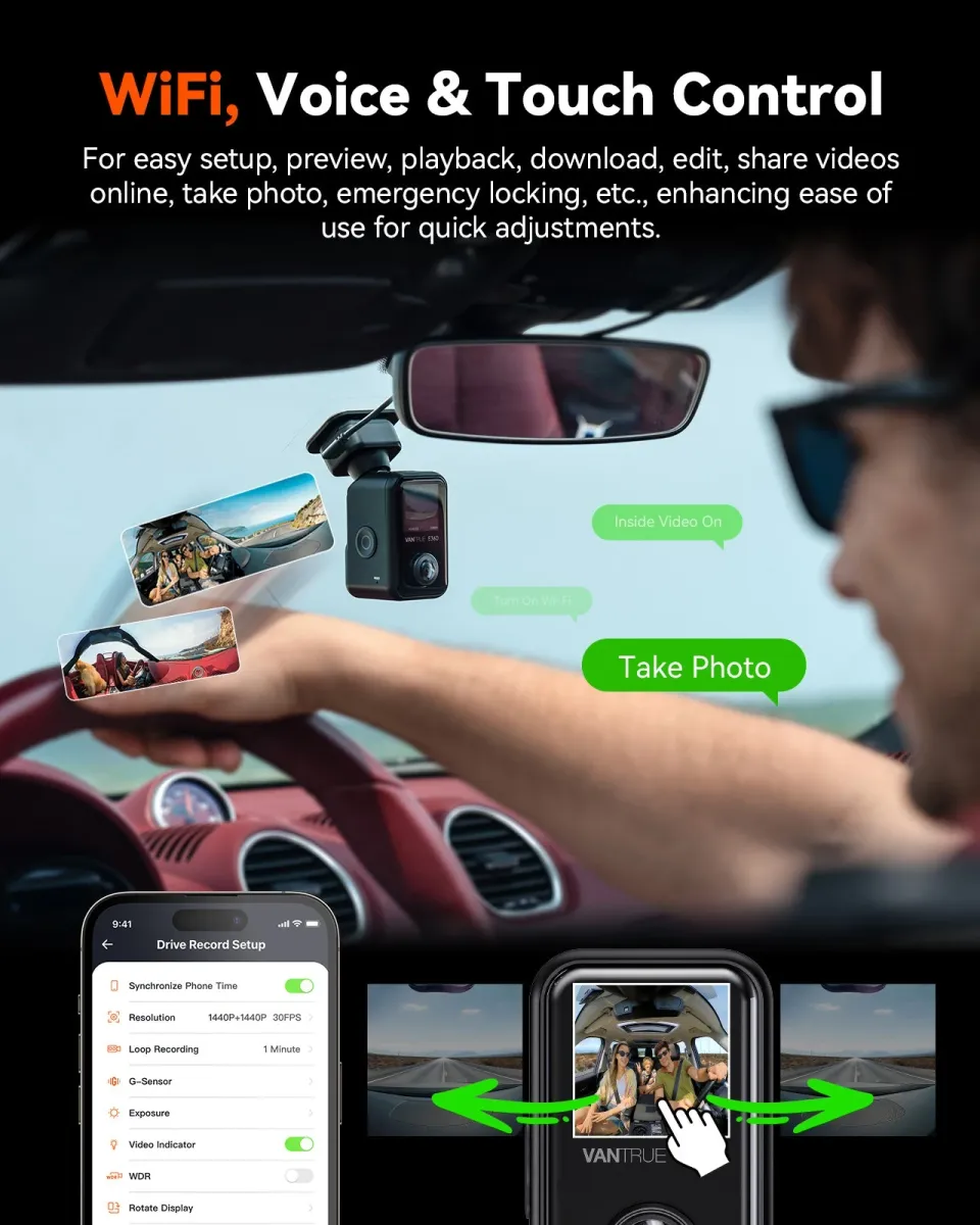 Vantrue E360 Wi-Fi app connection and voice controls