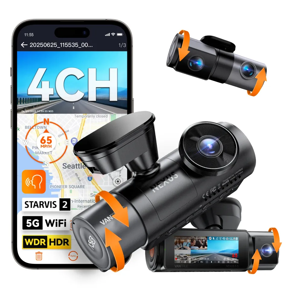 Vantrue N5S dual camera units with front, cabin and rear recording views