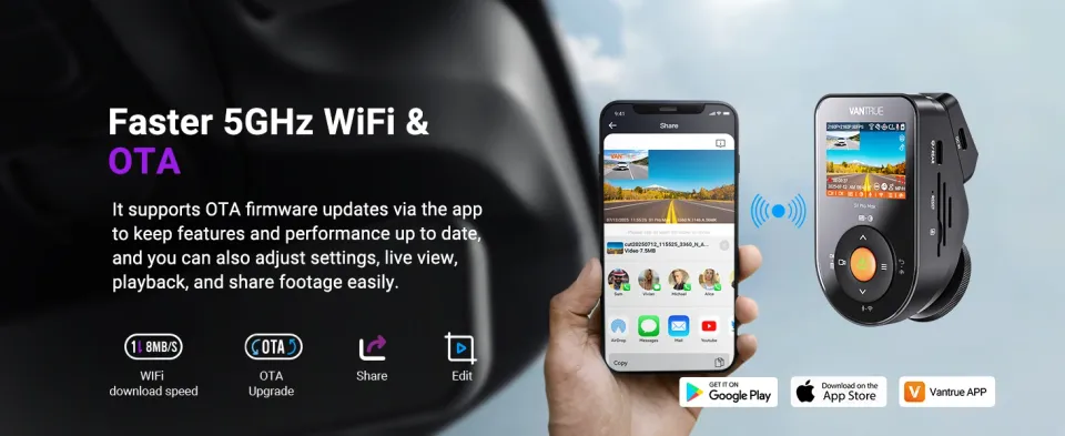 Vantrue S1 Pro Max Wi-Fi clip viewing and sharing