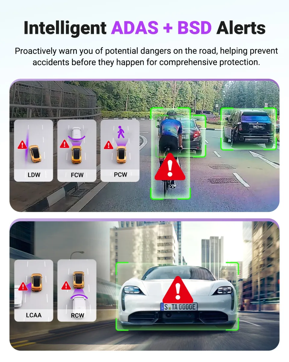 Vantrue S1 Pro Max driver alert illustrations including lane change and rear collision warnings