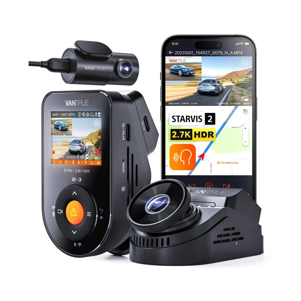 Vantrue S1 Pro front camera with an optional rear camera shown separately