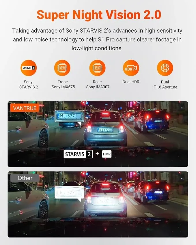 Vantrue S1 Pro STARVIS 2 low-light recording and PlatePix illustration