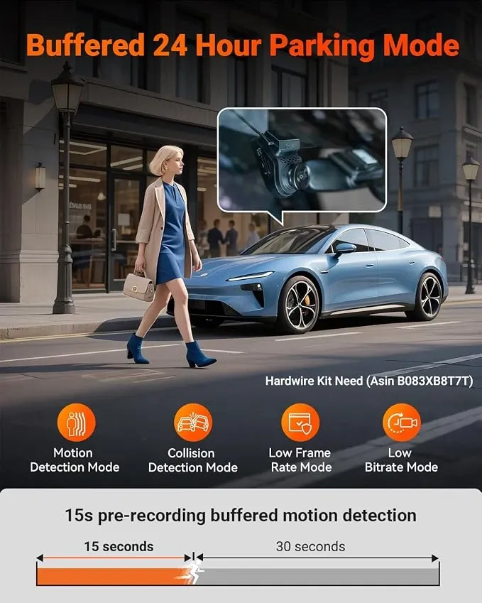 Vantrue S1 Pro parking protection with up to 15-second pre-recording and hardwire kit